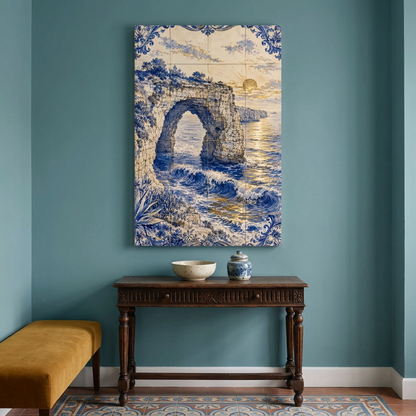Azulejo-style coastal rock arch sunset canvas above a dark wood console in a teal entrance hall - Portugal Canvas Co