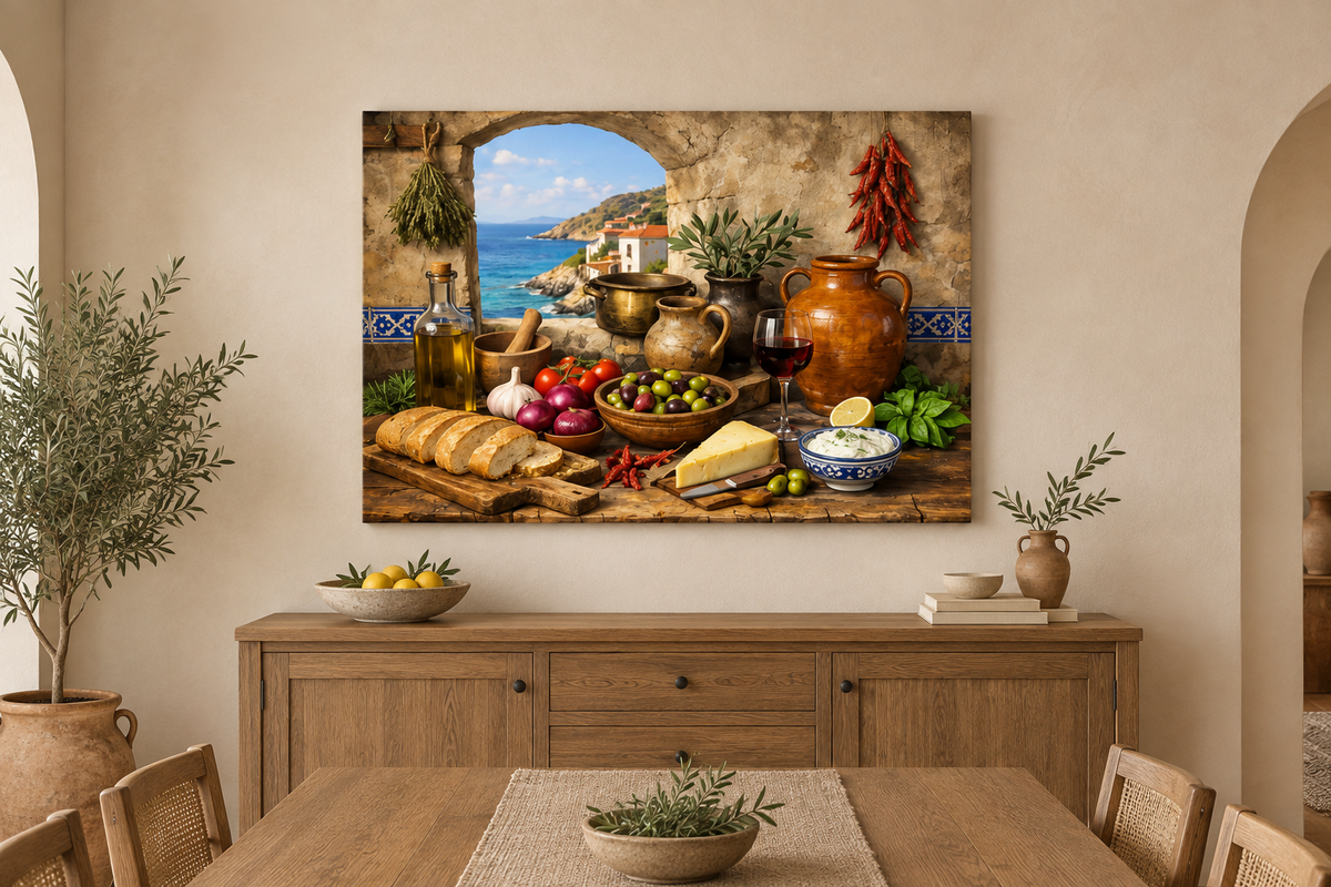 Mediterranean coastal still life canvas with bread, cheese, olives and wine displayed in a cream dining room - Portugal Canvas Co