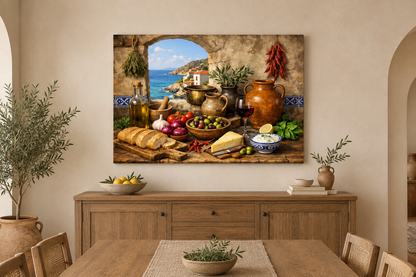 Mediterranean coastal still life canvas with bread, cheese, olives and wine displayed in a cream dining room - Portugal Canvas Co