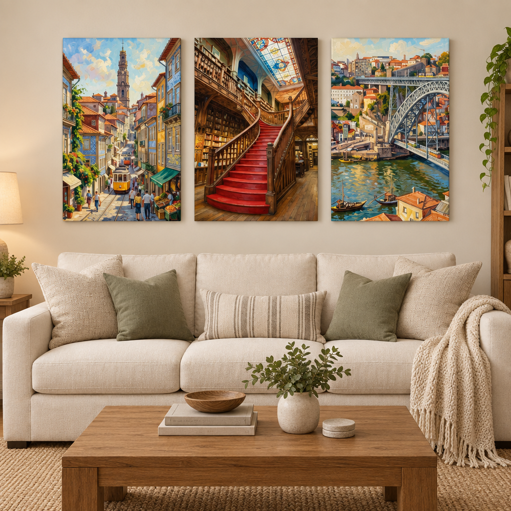 Porto three-panel canvas set showing a tram, Lello Bookstore staircase and Dom Luís Bridge in a cream and oak living room - Portugal Canvas Co