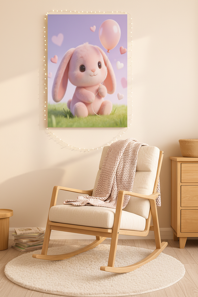 Cute pink bunny nursery canvas wall art above a rocking chair in a cozy nursery reading nook - Portugal Canvas Co
