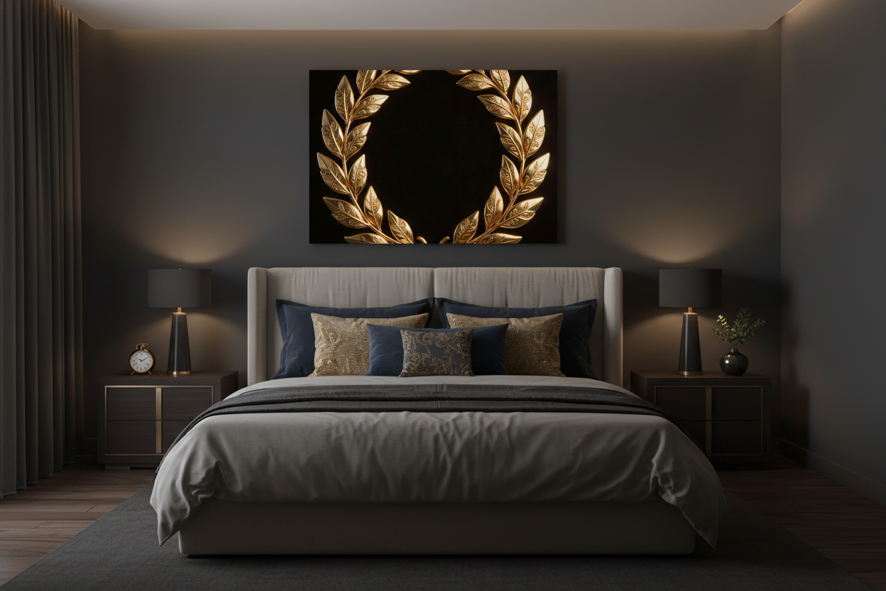 Golden Laurel Wreath canvas wall art displayed above the bed in a luxurious dark bedroom with charcoal walls and gold accent pillows - Portugal Canvas Co