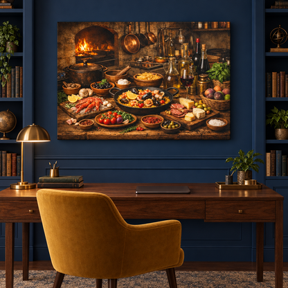 Mediterranean rustic feast canvas above a walnut desk in a navy blue study - Portugal Canvas Co