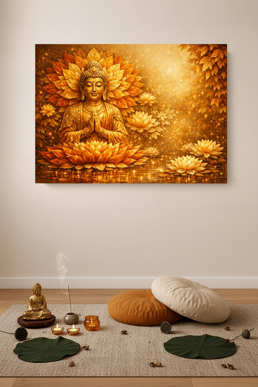 Golden lotus Buddha radiant meditation canvas wall art in a minimalist meditation corner with floor cushions incense and golden candlelight - Portugal Canvas Co