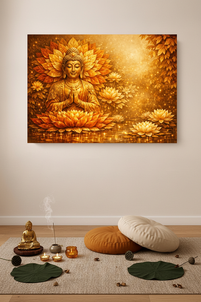 Golden lotus Buddha radiant meditation canvas wall art in a minimalist meditation corner with floor cushions incense and golden candlelight - Portugal Canvas Co