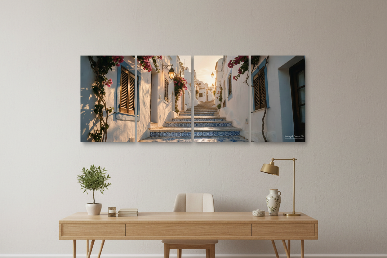 Four-panel Old Town Albufeira canvas wall art in a light home office, showing whitewashed streets, blue tiled steps and bougainvillea - Portugal Canvas Co