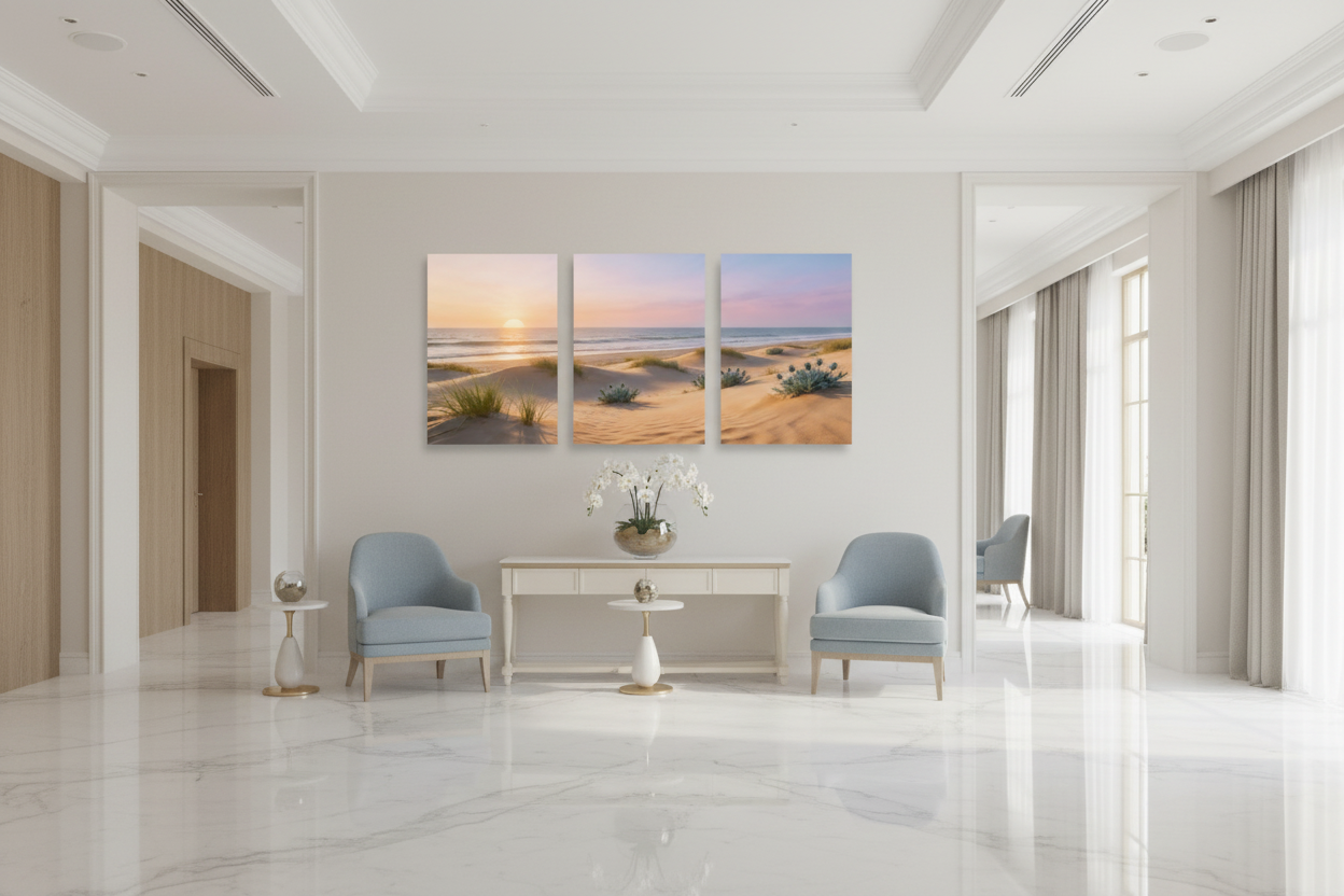 Mediterranean beach sunset triptych canvas print displayed in a luxury hotel lobby - Portugal Canvas Co