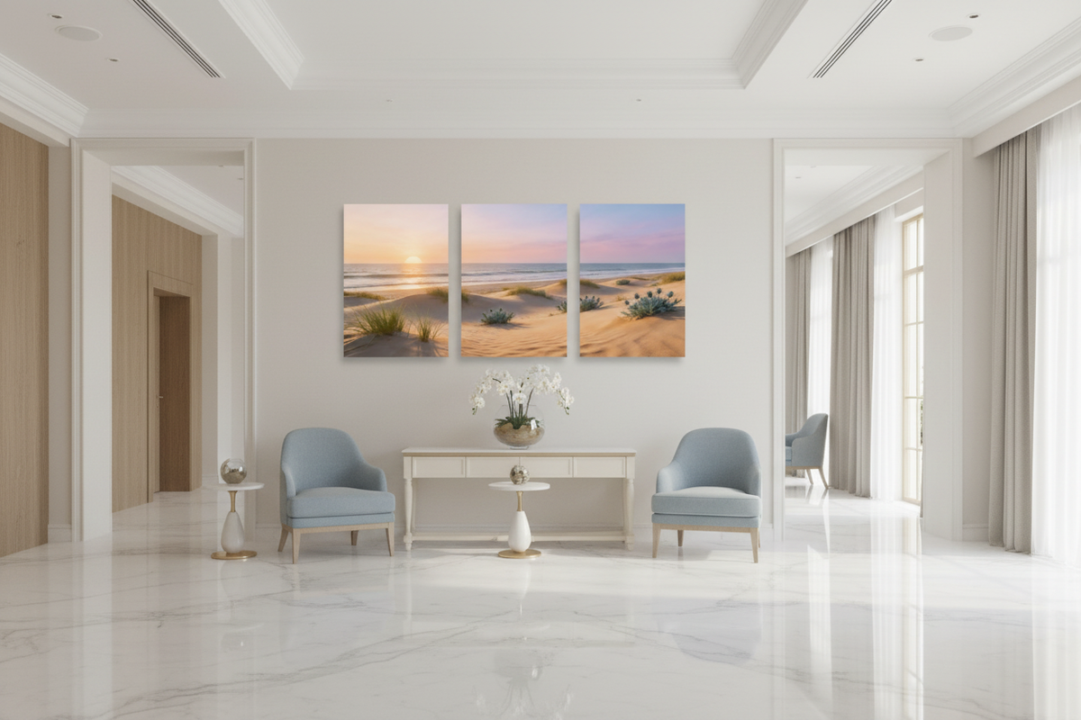 Mediterranean beach sunset triptych canvas print displayed in a luxury hotel lobby - Portugal Canvas Co