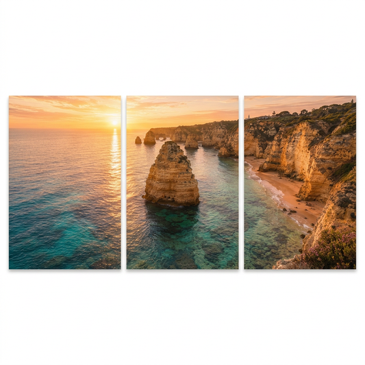 Algarve coastal sunset three-panel canvas with golden cliffs and turquoise sea on a white background - Portugal Canvas Co