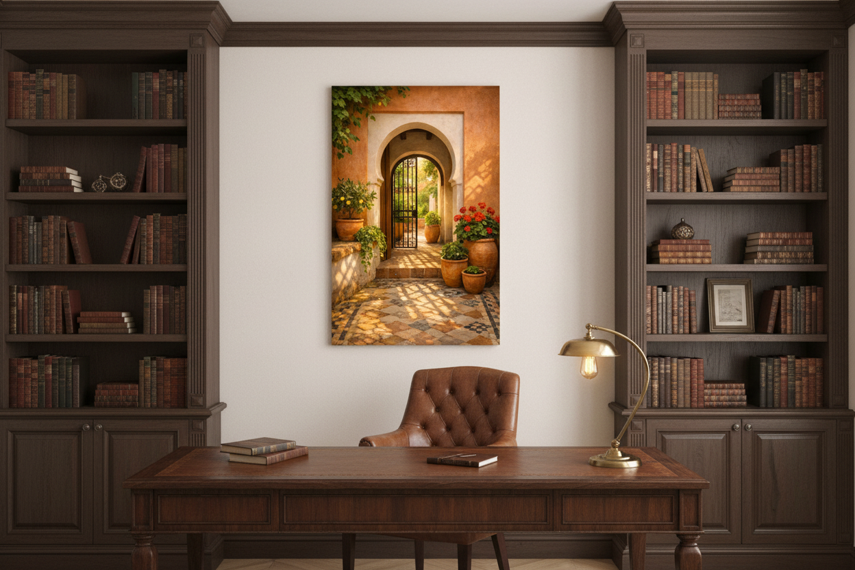 Mediterranean courtyard with iron gate canvas wall art displayed in an elegant home study with dark wood bookshelves and warm lighting - Portugal Canvas Co
