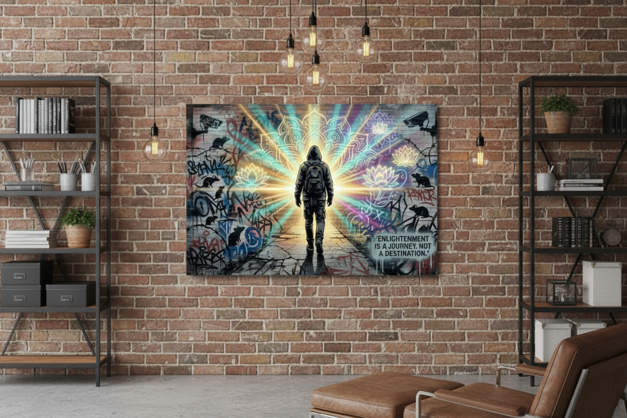 Urban graffiti enlightenment canvas wall art with hooded figure, neon mandala and lotus flowers displayed in a creative home office with exposed brick wall and Edison bulb lighting - Portugal Canvas Co