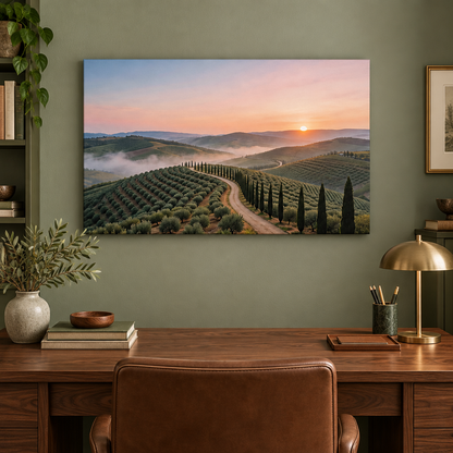 Tuscan sunrise cypress road canvas above a walnut desk in a sage green home office - Portugal Canvas Co