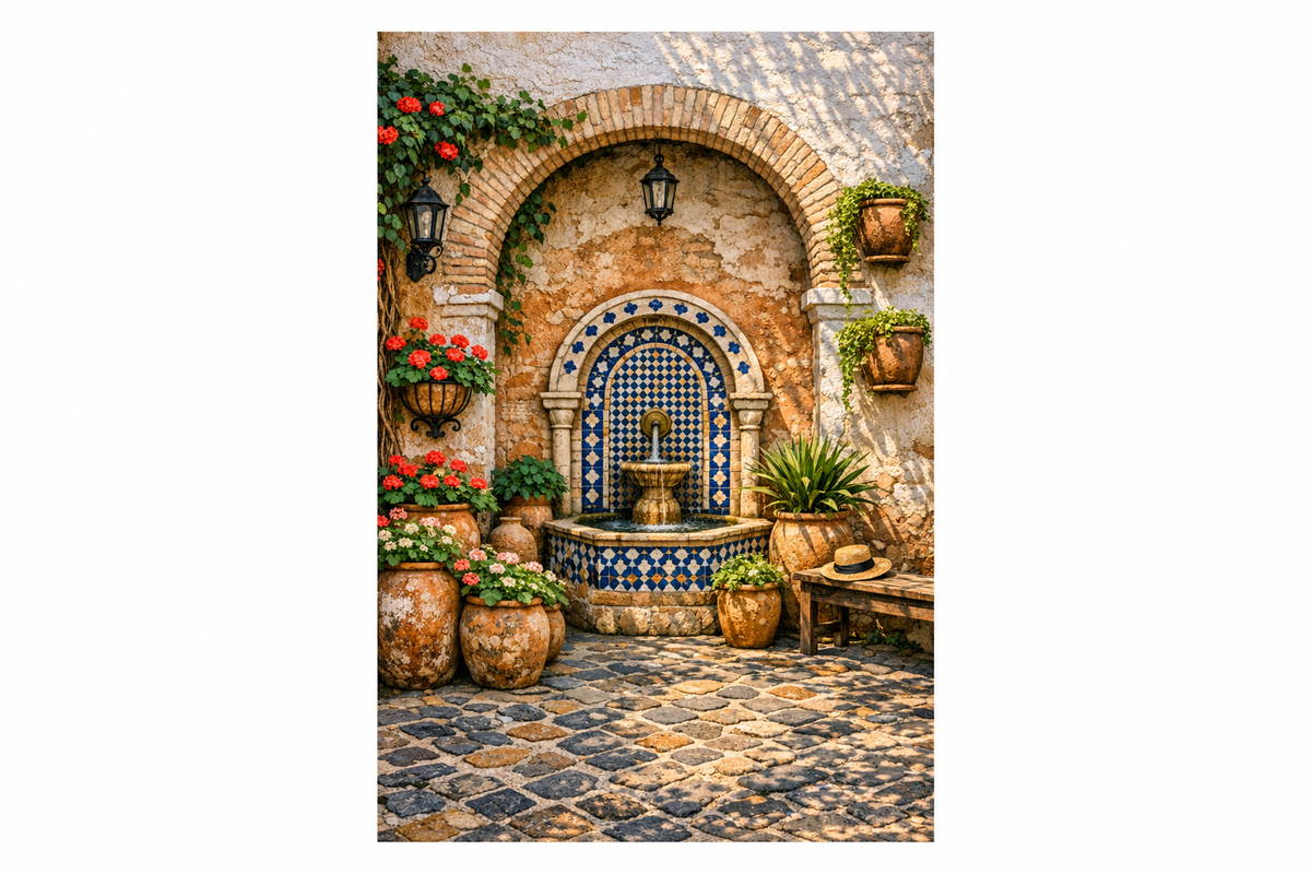 Mediterranean tiled courtyard fountain portrait artwork with stone arch and terracotta pots on a white background - Portugal Canvas Co