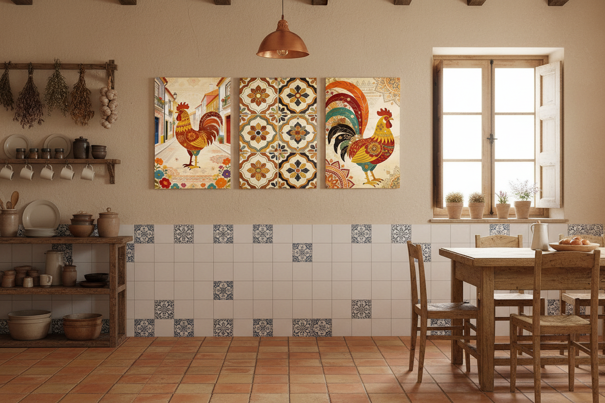 Portuguese folk art Galo de Barcelós and azulejo tile triptych canvas wall art set displayed in a warm rustic Portuguese kitchen interior - Portugal Canvas Co