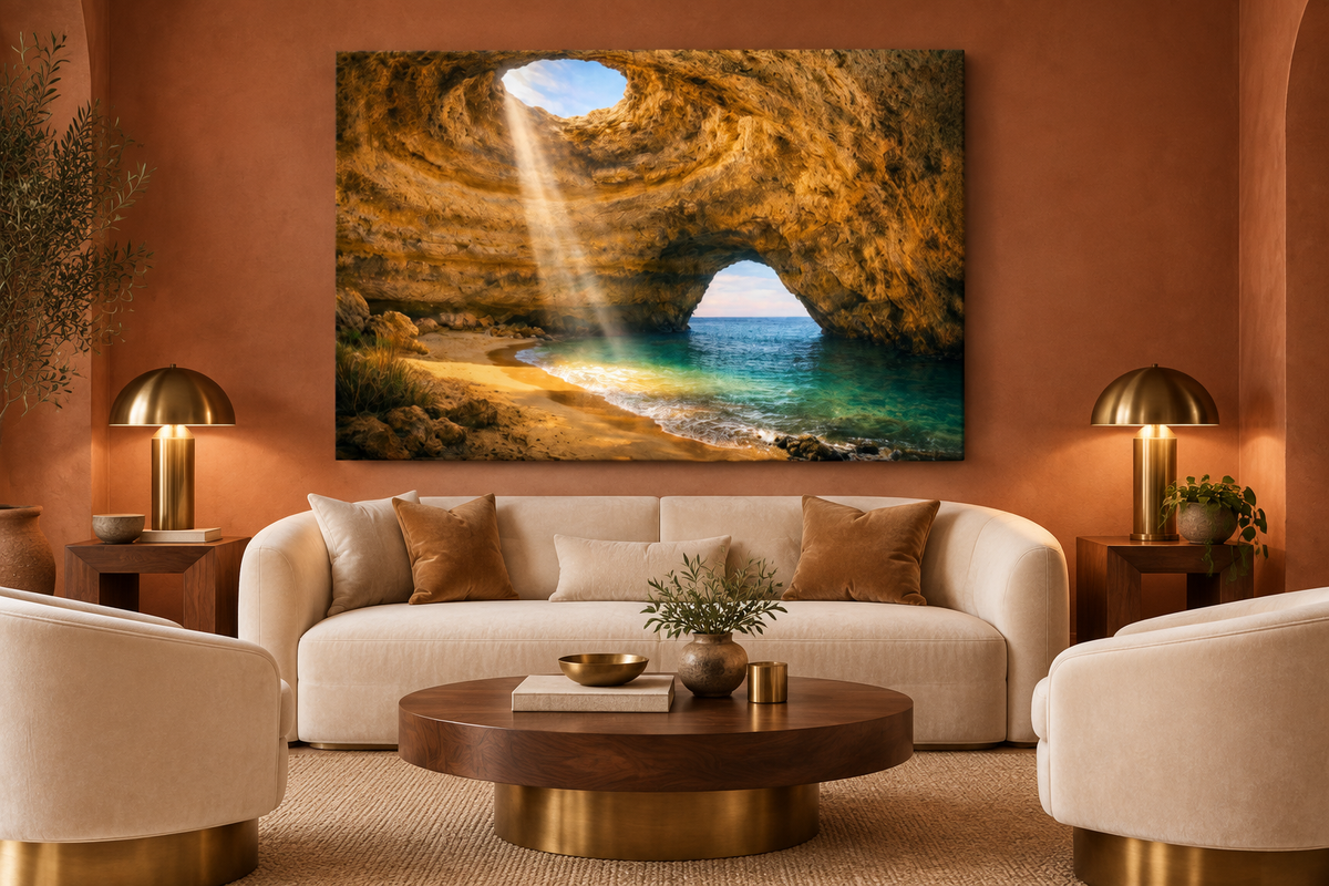Benagil sea cave landscape canvas displayed in a terracotta hotel lounge - Portugal Canvas Co