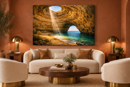 Benagil sea cave landscape canvas displayed in a terracotta hotel lounge - Portugal Canvas Co