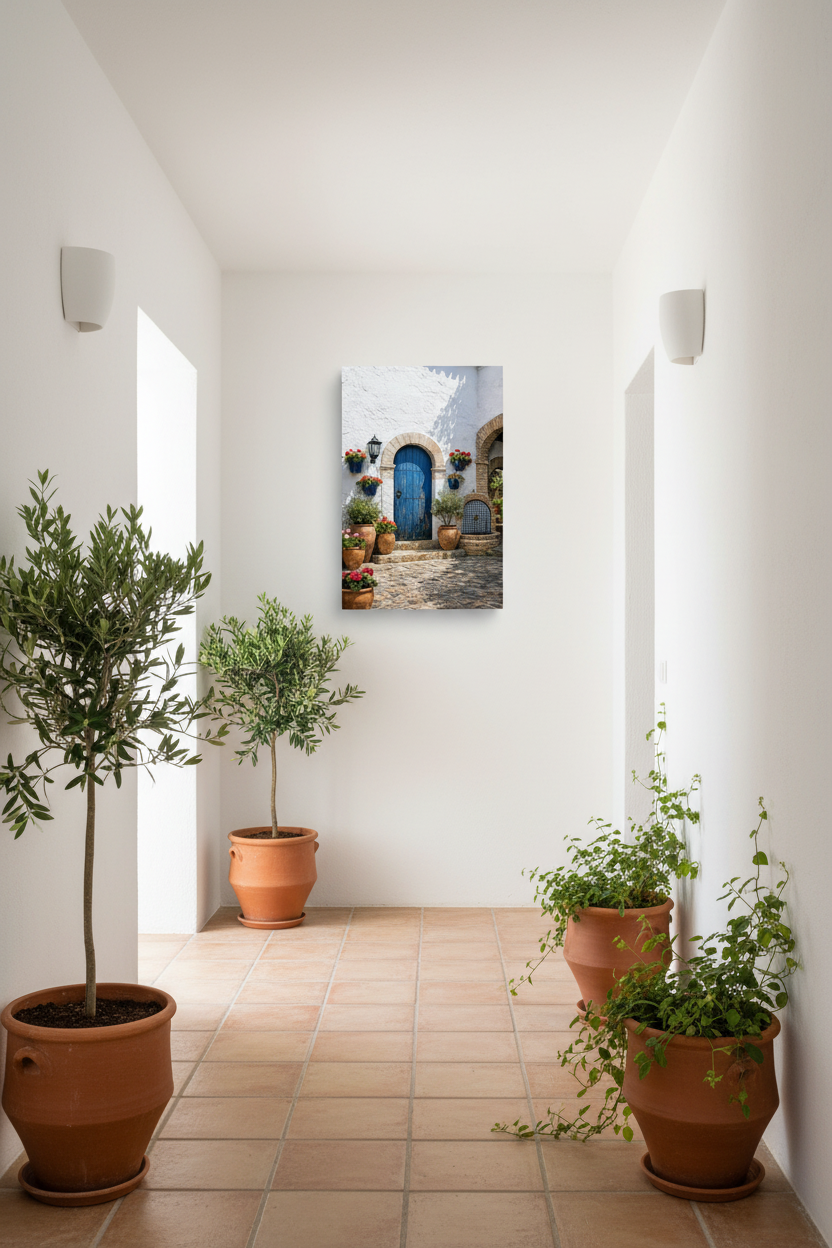 Mediterranean blue door courtyard canvas wall art with terracotta pots and red geraniums displayed in a holiday apartment corridor with terracotta floor tiles and potted plants - Portugal Canvas Co