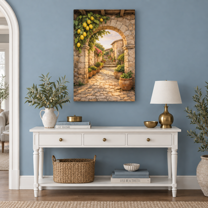 Lemon and stone archway canvas wall art in a dusty blue entryway - Portugal Canvas Co