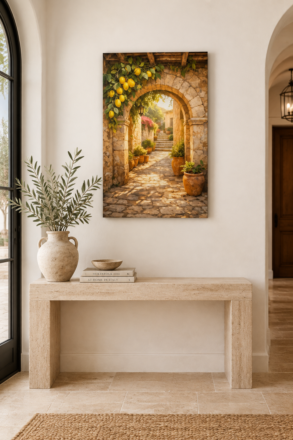 Lemon tree stone archway canvas print in a white plaster entrance hall with travertine console - Portugal Canvas Co