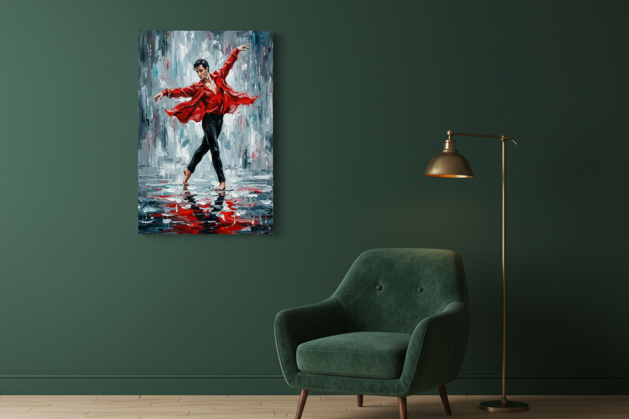 Male flamenco dancer red shirt canvas wall art on a forest green wall in a dramatic moody living room with brass floor lamp - Portugal Canvas Co