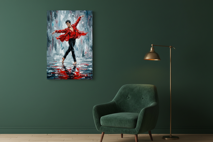 Male flamenco dancer red shirt canvas wall art on a forest green wall in a dramatic moody living room with brass floor lamp - Portugal Canvas Co