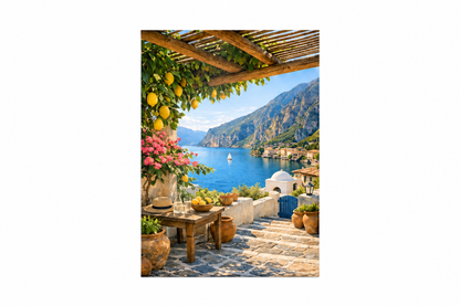 Portrait Mediterranean lemon pergola terrace canvas with pink flowers and sea view centred on a pure white 3:2 background - Portugal Canvas Co