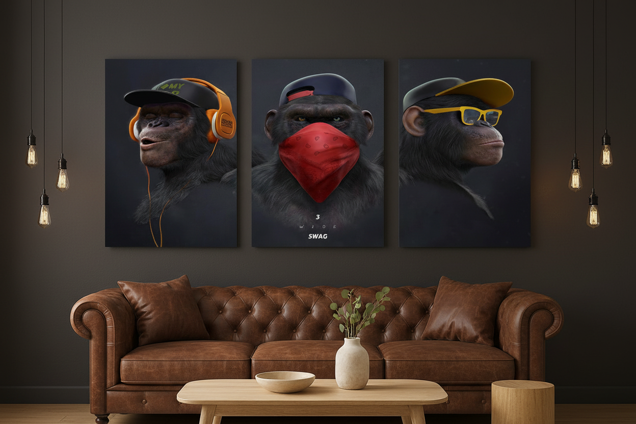 3 Wise Swag monkey triptych canvas prints on a dark charcoal wall in a moody urban living room with industrial lighting - Portugal Canvas Co