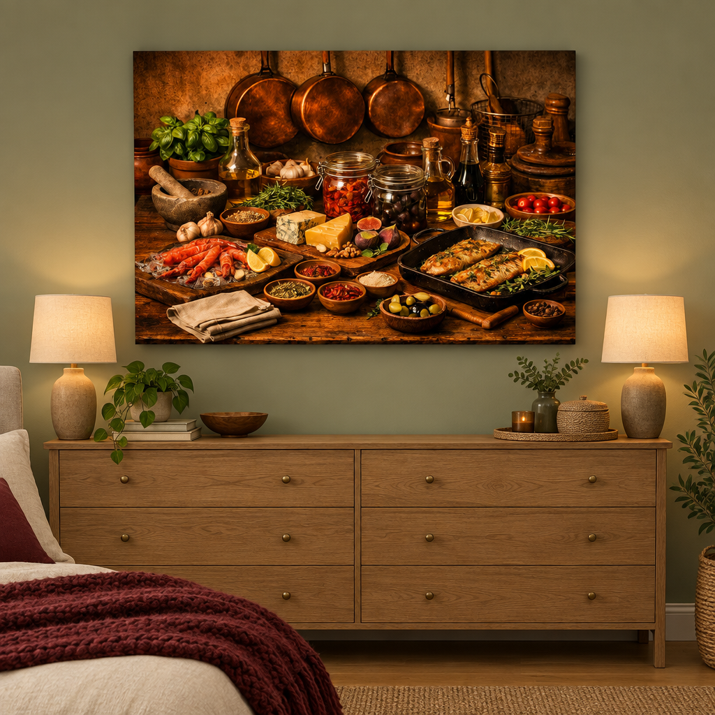 Food still-life canvas wall art above a dresser in a sage green bedroom - Portugal Canvas Co