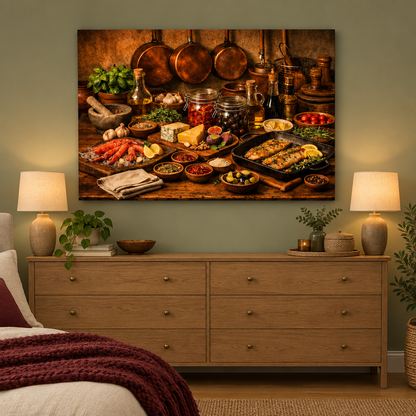 Food still-life canvas wall art above a dresser in a sage green bedroom - Portugal Canvas Co