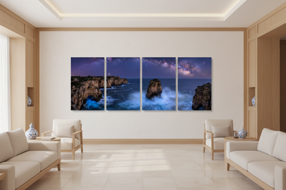 Four-panel Algarve coast at night gallery-wrapped canvas set on a light feature wall in a bright five-star hotel lobby - Portugal Canvas Co
