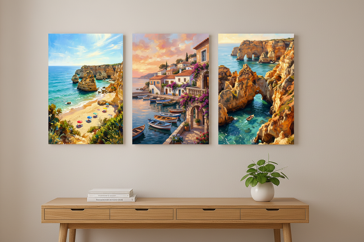 Algarve Portugal 3-panel triptych canvas set displayed above a wooden desk in a warm minimalist home study - Portugal Canvas Co