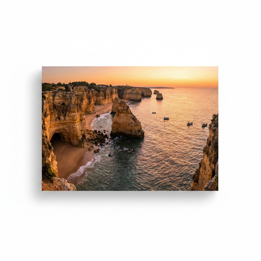 Algarve Praia da Marinha aerial view golden cliffs sea arches and coves at sunset canvas wall art on white background - Portugal Canvas Co