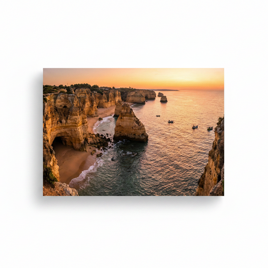 Algarve Praia da Marinha aerial view golden cliffs sea arches and coves at sunset canvas wall art on white background - Portugal Canvas Co