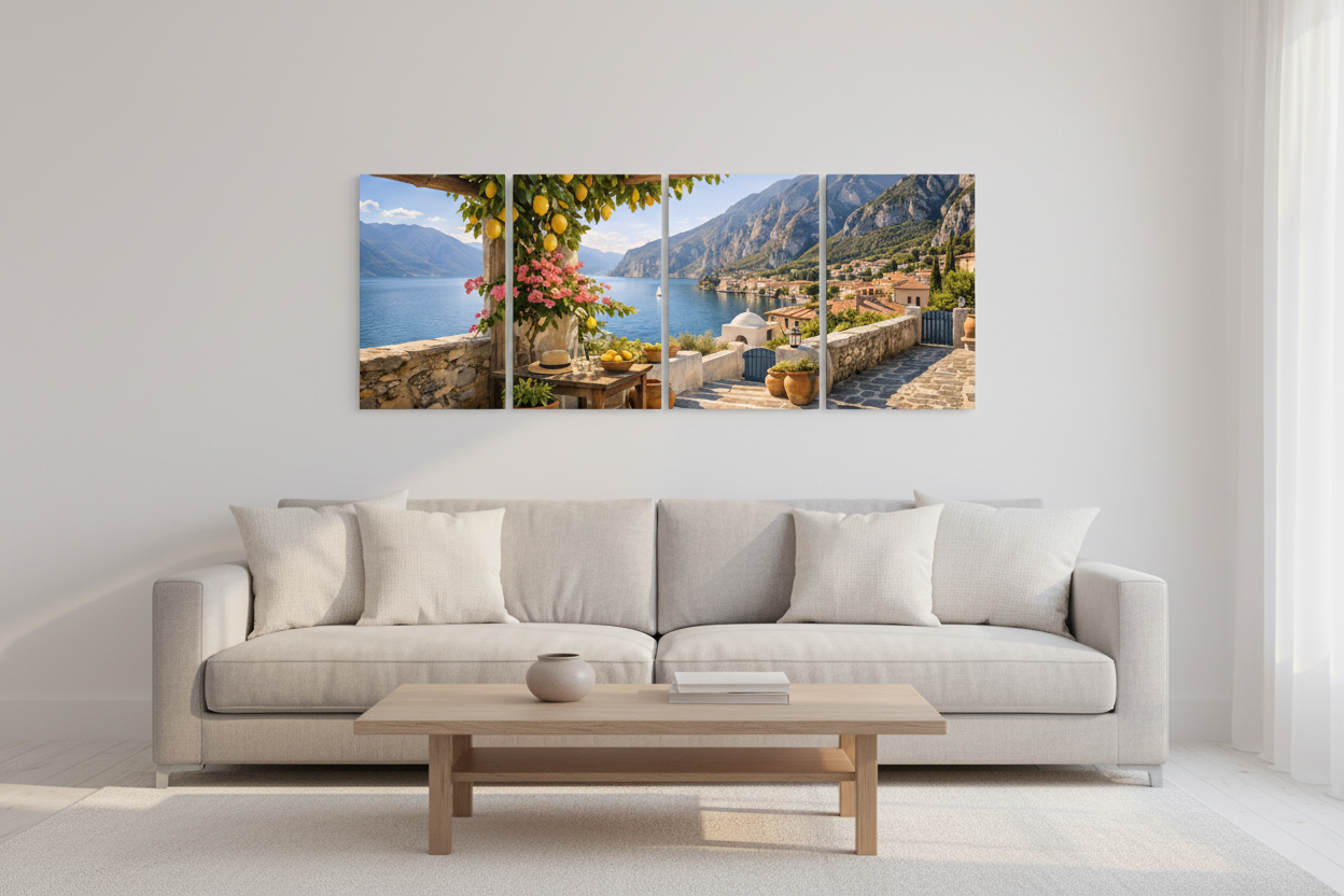 Hidden Mediterranean cove four-panel canvas wall art displayed above a sofa in a bright modern living room - Portugal Canvas Co
