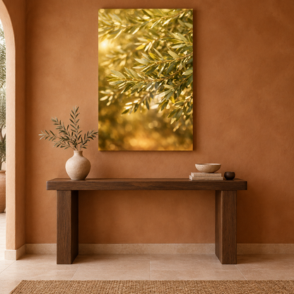 Golden olive branches canvas above an oak console in a terracotta entrance hall - Portugal Canvas Co