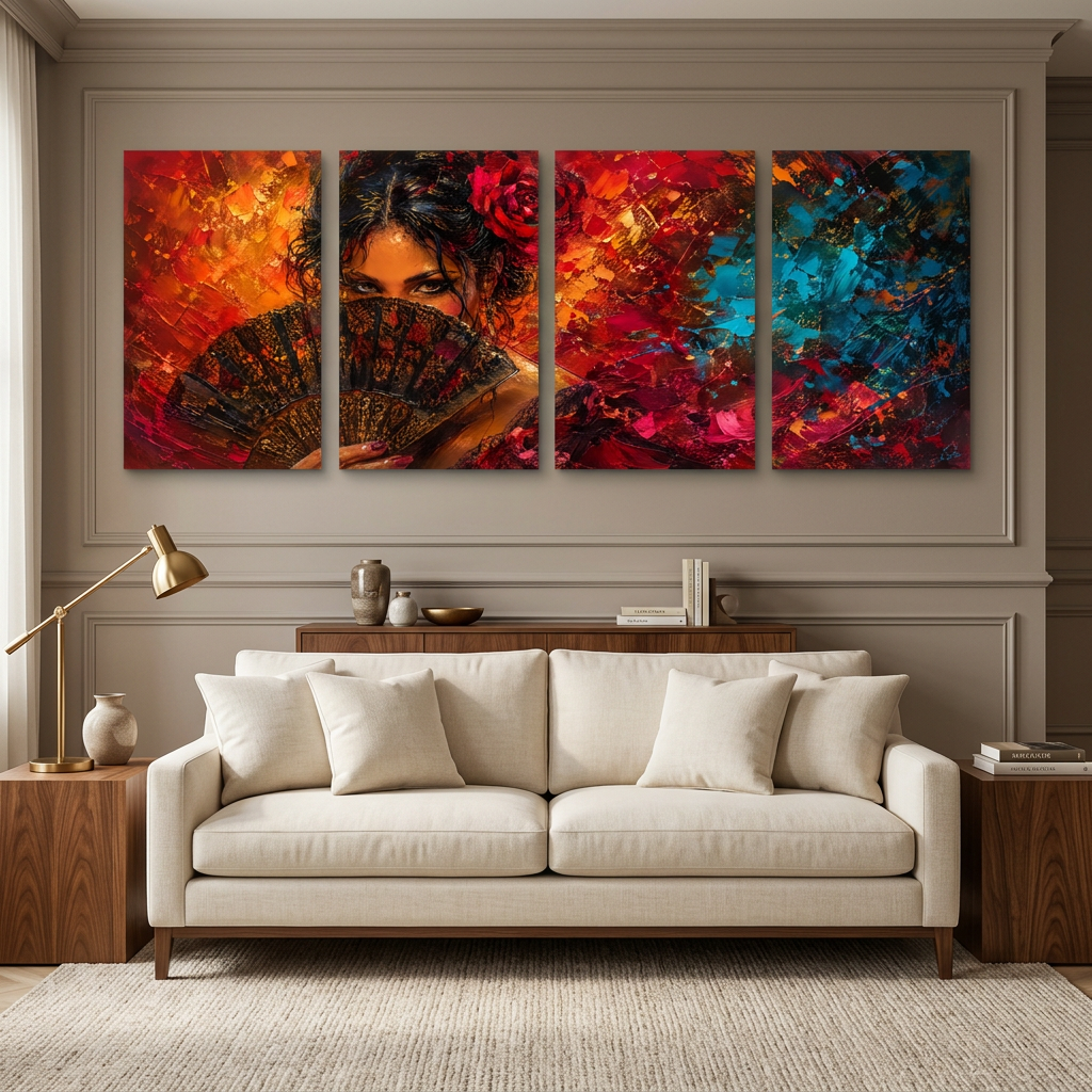 Four-panel woman with fan canvas wall art displayed in a living room - Portugal Canvas Co