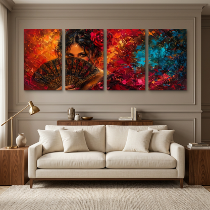 Four-panel woman with fan canvas wall art displayed in a living room - Portugal Canvas Co