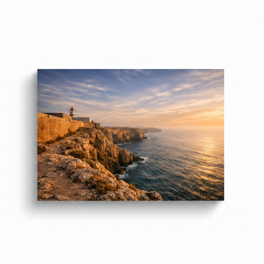 Sagres Fortress ancient stone walls and lighthouse on dramatic Atlantic cliffs at golden sunset canvas wall art on white background - Portugal Canvas Co