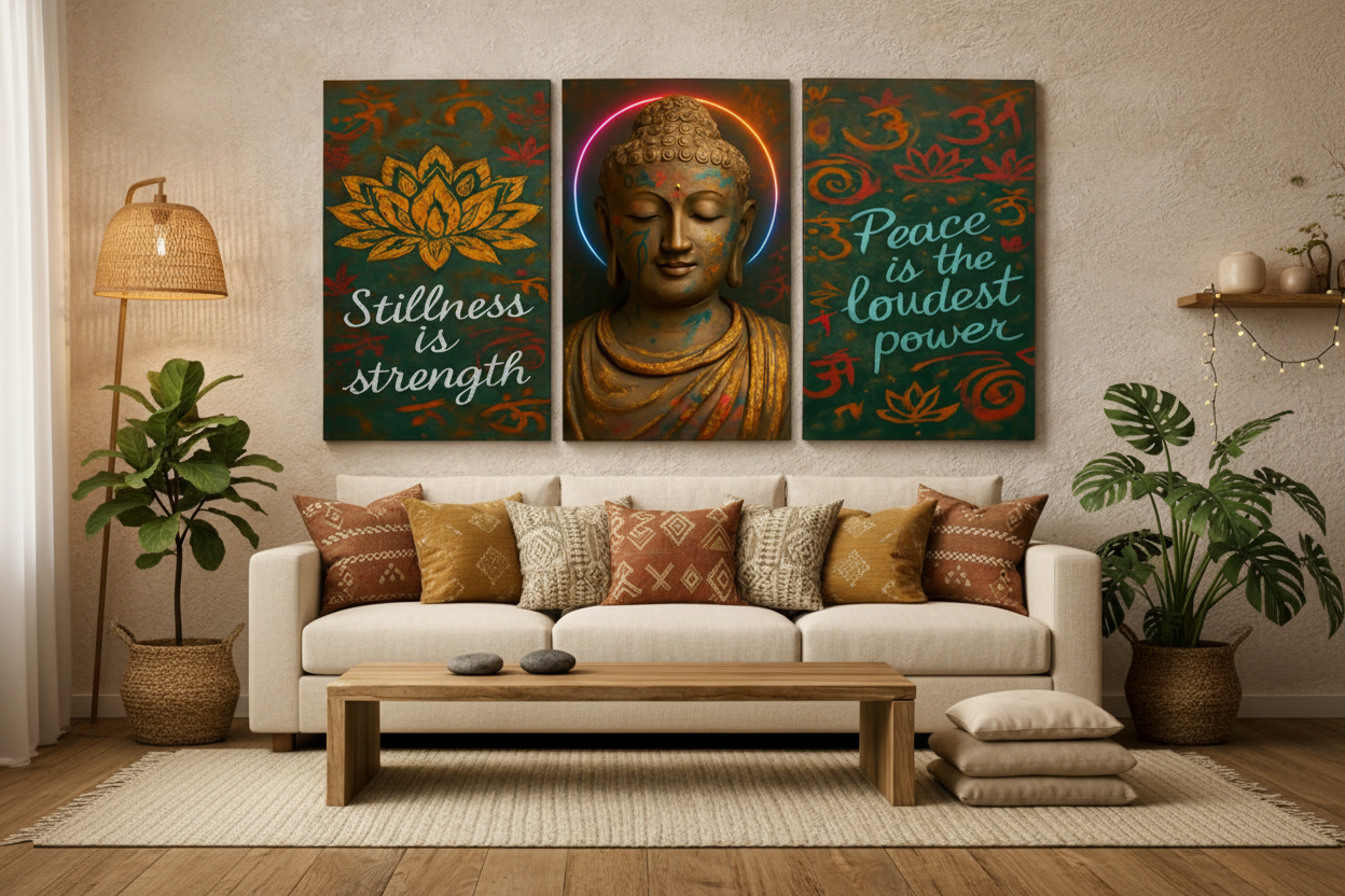 Buddha meditation peace stillness triptych canvas wall art set above a cream sofa in a warm bohemian living room with teal green and gold tones - Portugal Canvas Co