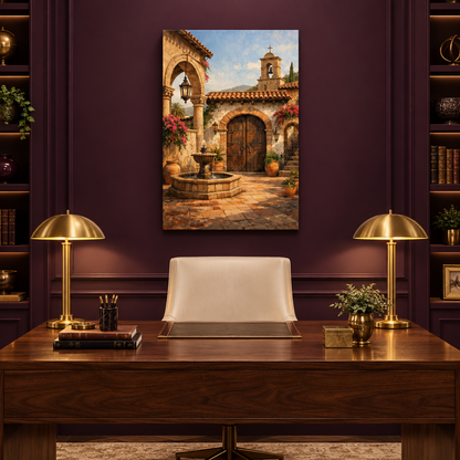 Mediterranean courtyard archway and stone fountain portrait canvas in an aubergine office - Portugal Canvas Co