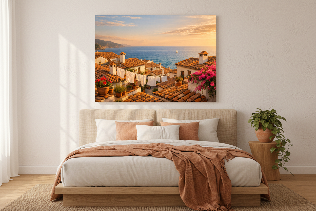 Mediterranean rooftop village sunset canvas print above bed in warm Mediterranean bedroom with terracotta linen and golden evening light - Portugal Canvas Co
