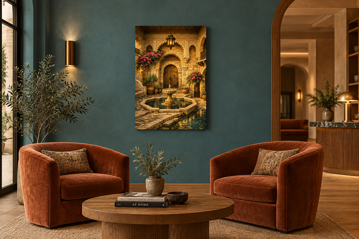 Moorish courtyard fountain canvas against dusty teal wall above rust velvet chairs - Portugal Canvas Co