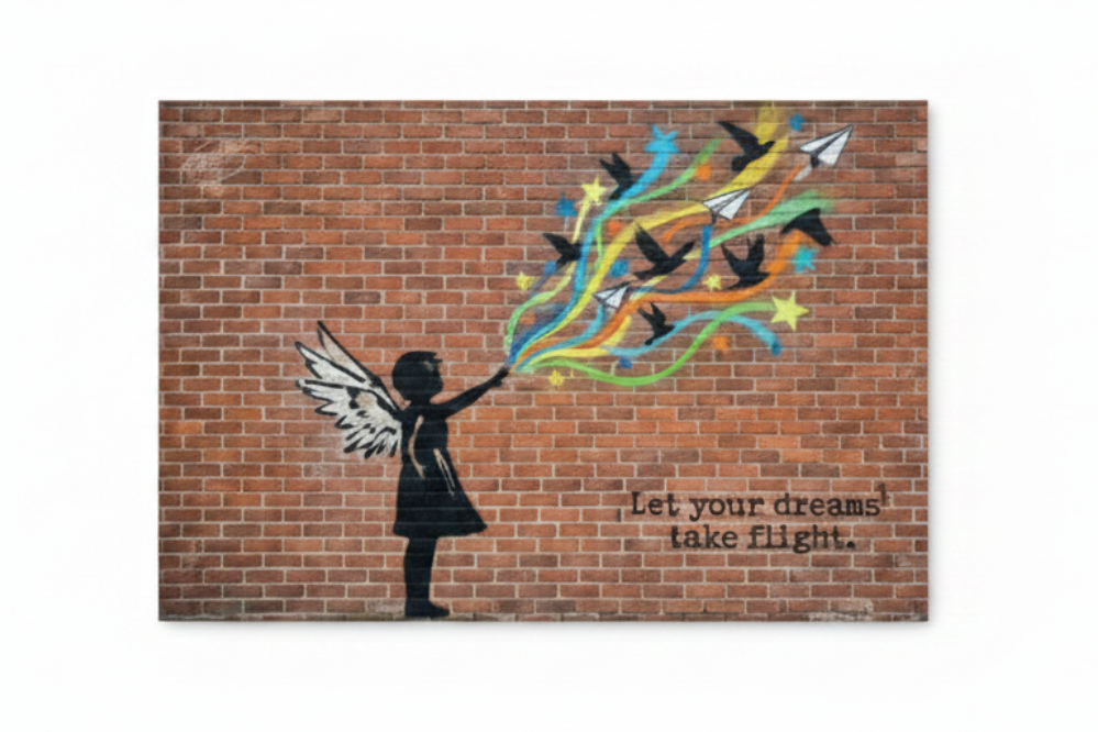 Let Your Dreams Take Flight Banksy-style graffiti angel girl canvas print laid flat on white background - Portugal Canvas Co