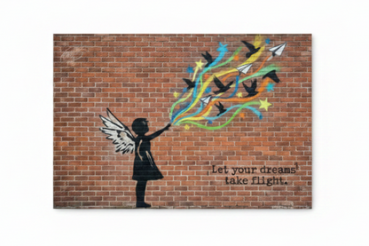 Let Your Dreams Take Flight Banksy-style graffiti angel girl canvas print laid flat on white background - Portugal Canvas Co