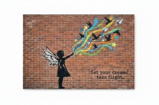 Let Your Dreams Take Flight Banksy-style graffiti angel girl canvas print laid flat on white background - Portugal Canvas Co