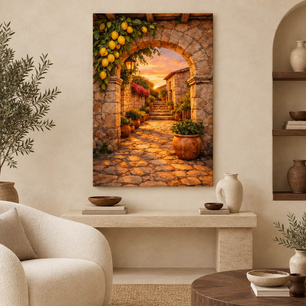 Mediterranean sunset lemon courtyard canvas in a warm ivory living room - Portugal Canvas Co