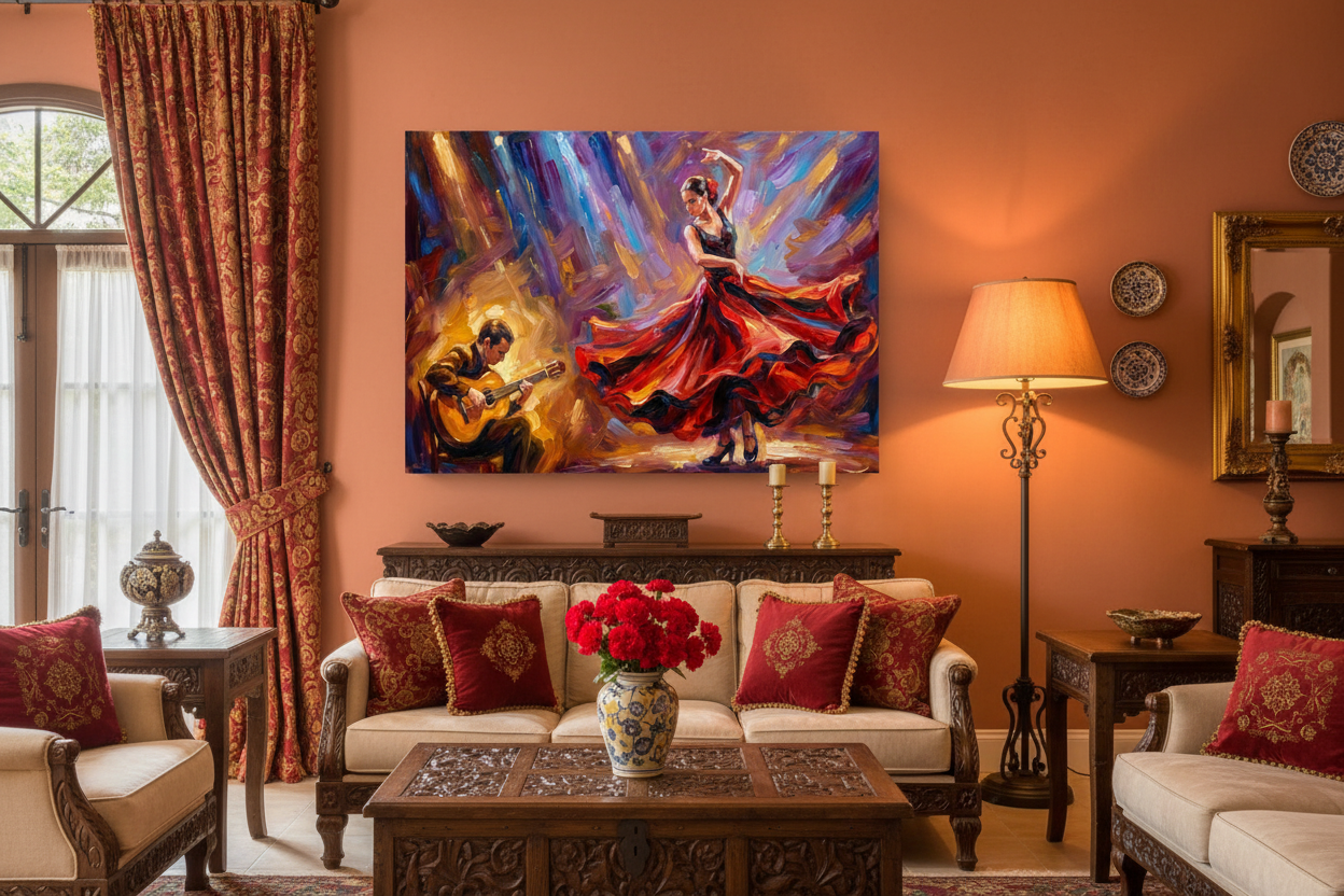 Flamenco dancer and guitarist vibrant canvas wall art displayed on a terracotta wall in a Spanish-style living room with warm amber lighting - Portugal Canvas Co