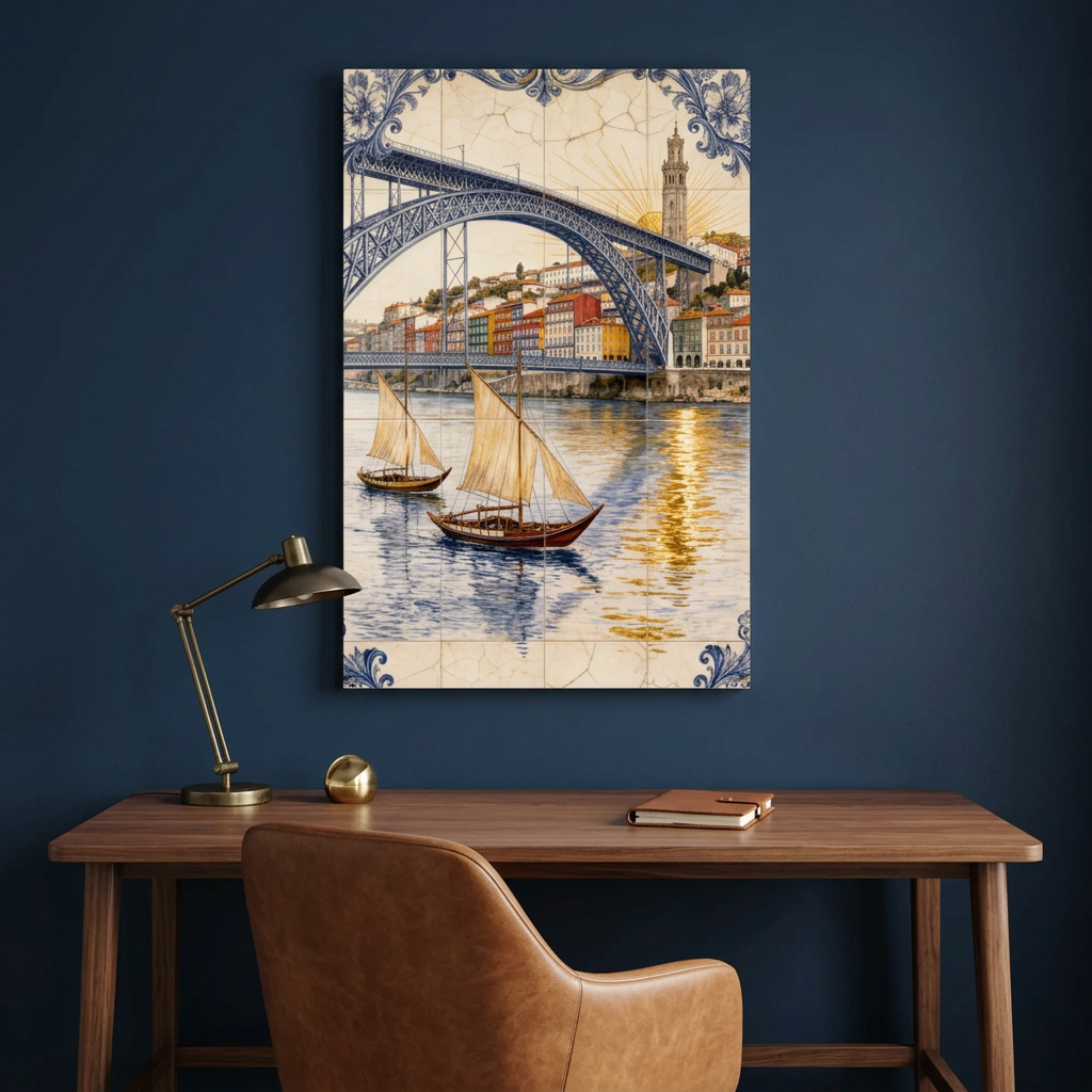 Porto bridge and sailboats azulejo-style canvas in a deep navy study - Portugal Canvas Co