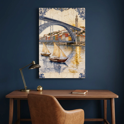 Porto bridge and sailboats azulejo-style canvas in a deep navy study - Portugal Canvas Co