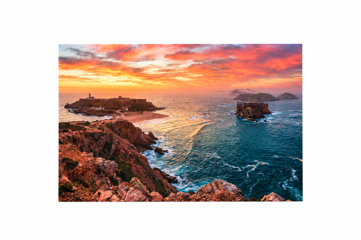 Algarve sunset canvas with headland fort, offshore rock and blue Atlantic, flat lay on pure white background - Portugal Canvas Co